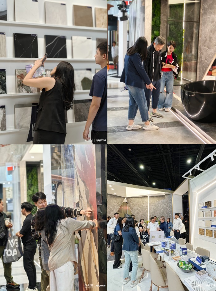 简一展位人气高涨，参观者纷纷驻足围观，或多角度拍摄砖面纹理，或俯身触摸感受细腻质感